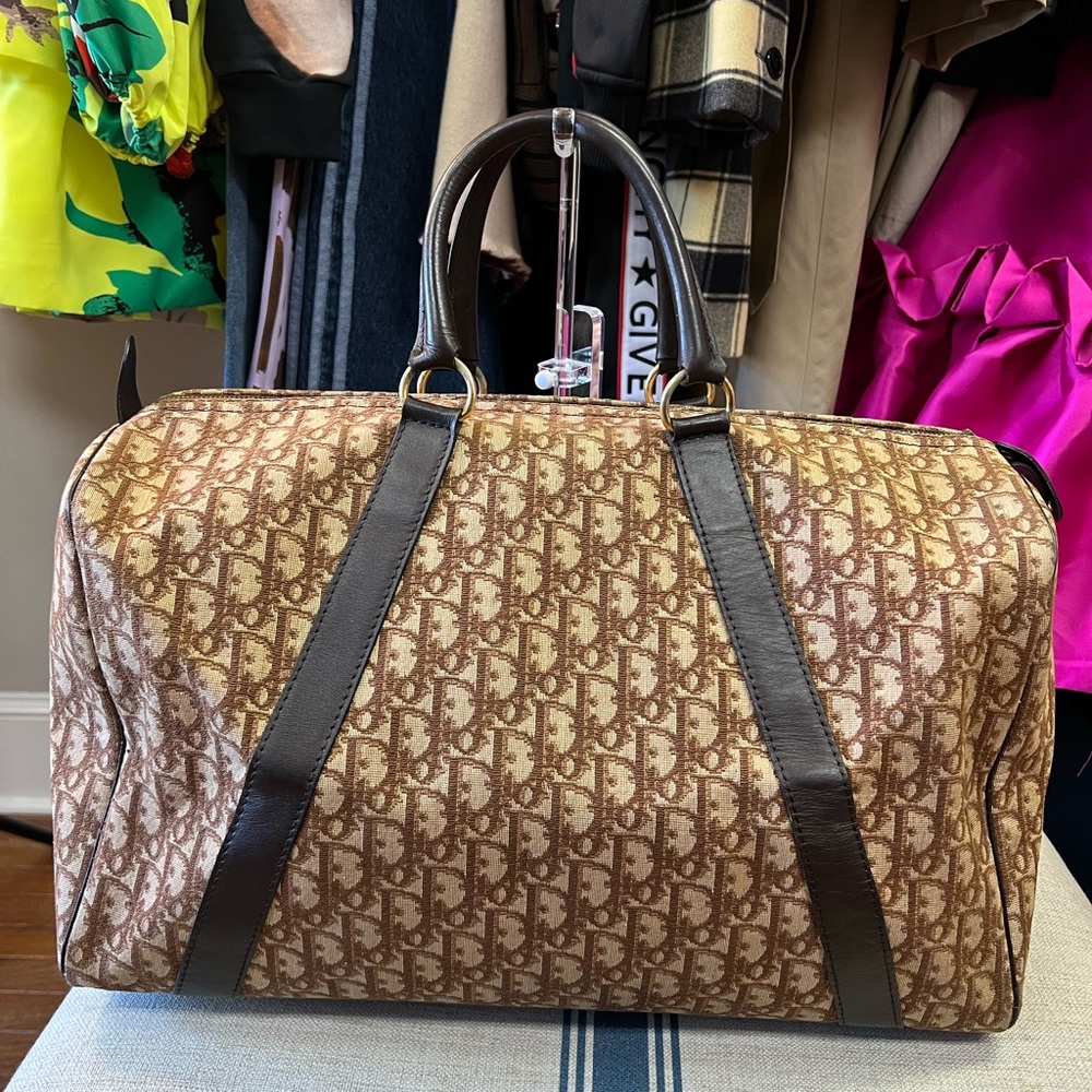 Authenticated Christian Dior Trotter Boston Bag Cloth/Leather Brown